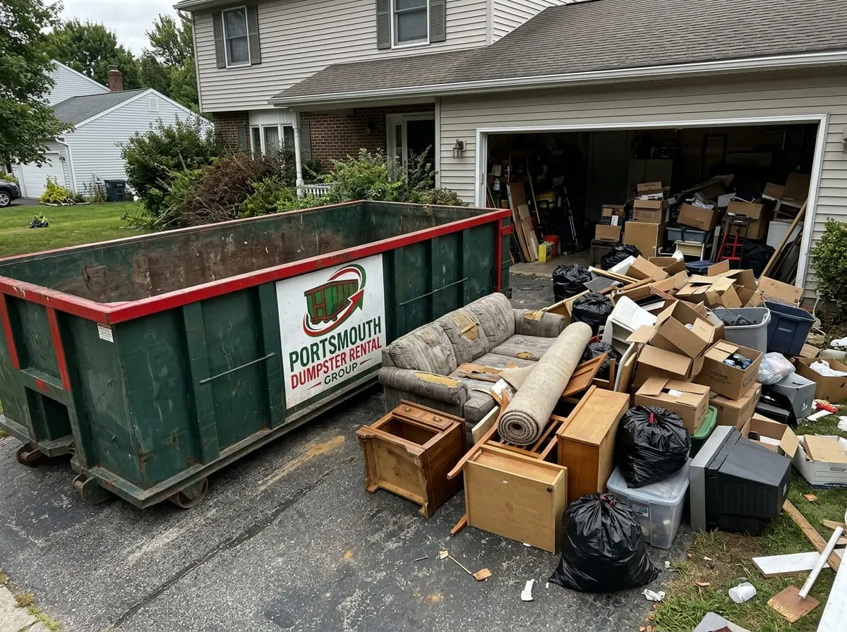 Worker beside a commercial roll-off dumpster from Portsmouth Dumpster Rental Group in Portsmouth, VA