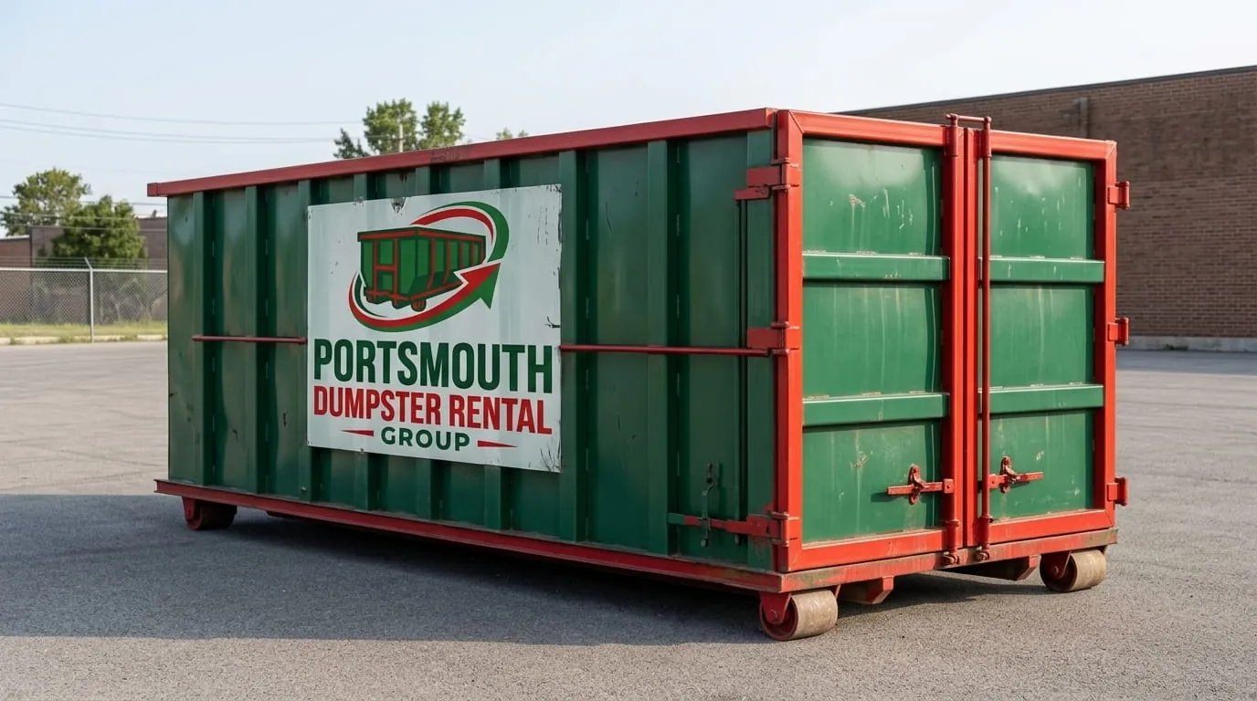 Same-day dumpster delivery in Portsmouth, VA Portsmouth Dumpster Rental Group truck delivering a roll-off dumpster to a Portsmouth VA driveway