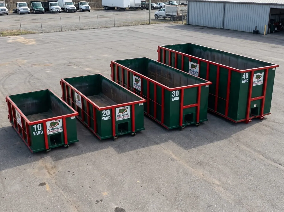 Portsmouth Dumpster Rental Group fleet of roll-off dumpsters and trucks in Portsmouth, VA