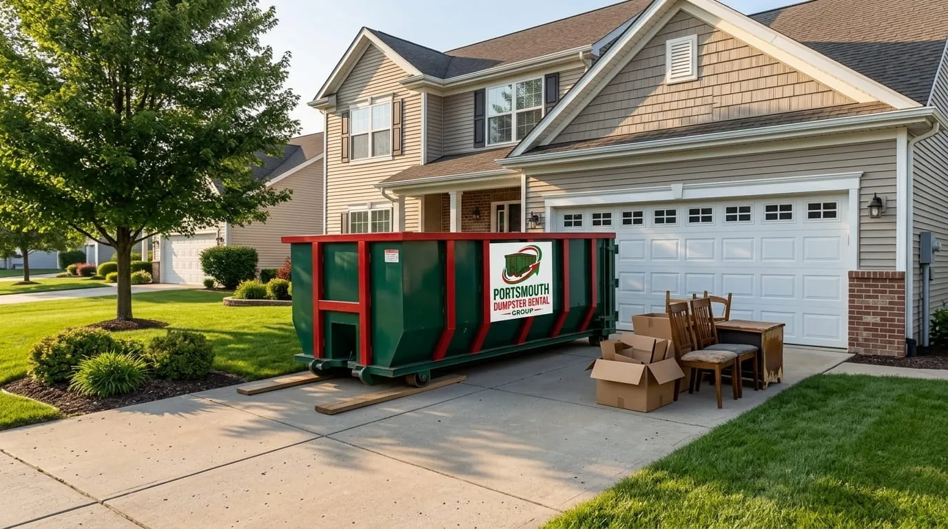 Homeowner clearing junk into a dumpster during a Portsmouth VA cleanout