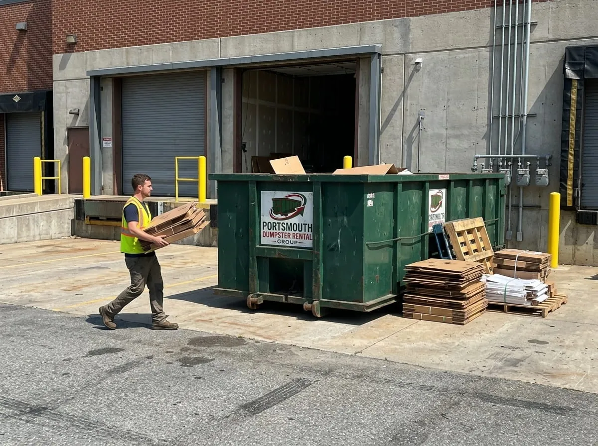 Junk removal in Portsmouth, VA Workers loading furniture and junk into a dumpster in Portsmouth, VA