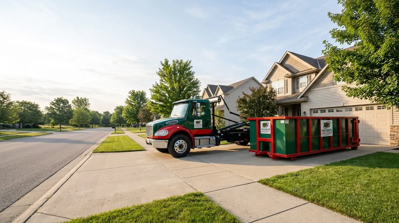 Roofing dumpster rental in Portsmouth, VA Roll-off dumpster on a driveway ready for a roofing tear-off in Portsmouth, VA